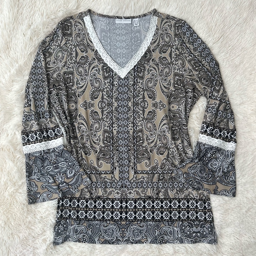 Beautiful Susan Graver Paisley V-Neck Crochet Lace Trim Bell Sleeve Top L Large